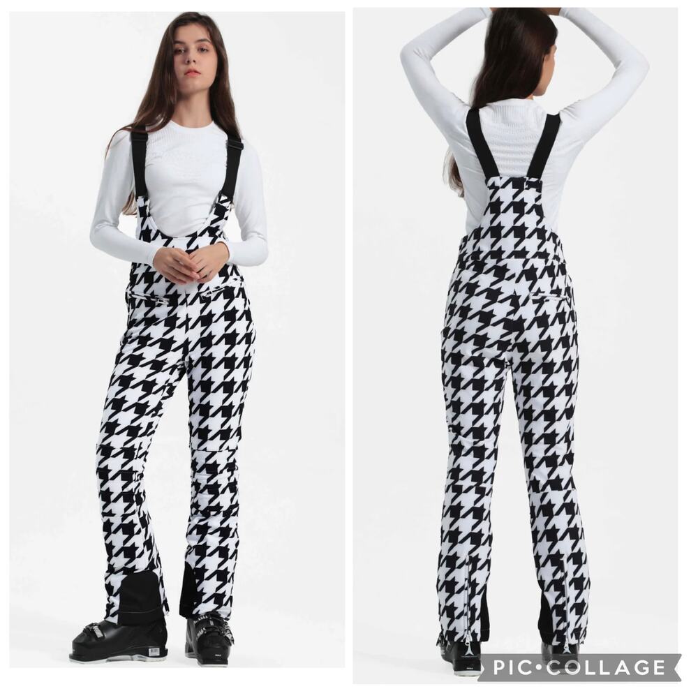 NEW GSOU Snow Women's Houndstooth Slim-Fit Stretch Fleece-Lined Ski Bibs Small